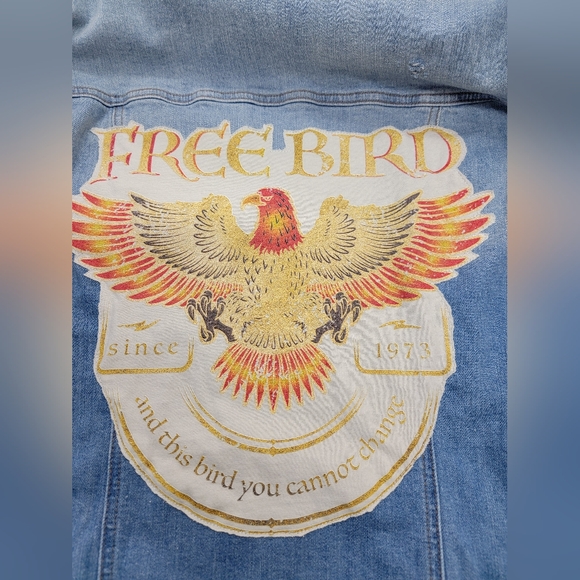 **SOLD*******Lynyrd Synyrd Free Bird Long Denim Jean Jacket Upcycled Vintage - Picture 11 of 12